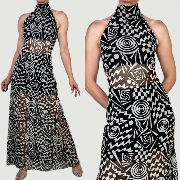 Cache geometric mesh maxi dress sheer Tadashi vintage 90s prom formal cocktail S - Picture 1 of 15